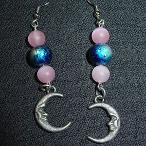Handmade Earrings Half Moons Pink Blue Beads